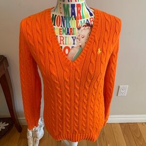 Ralph Lauren Bright Orange Cable-Knit V-Neck Sweater 100% Cotton